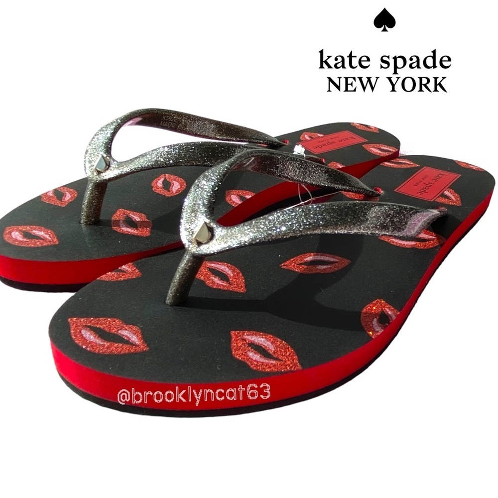 Kate Spade New York Fiji Flip Flops Sandals Lips Lingonberry Black Red SZ 6 - Picture 3 of 11